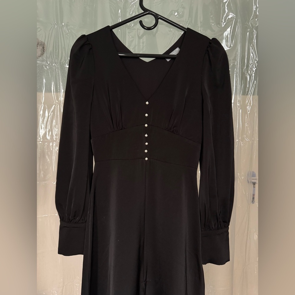 Black Long-Sleeve V-Neck Dress with Pearl Button Detail
